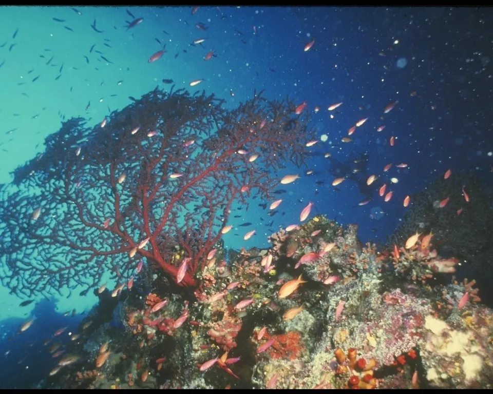 A large red sea fan is the main focus of this underwater coral reef scene.
