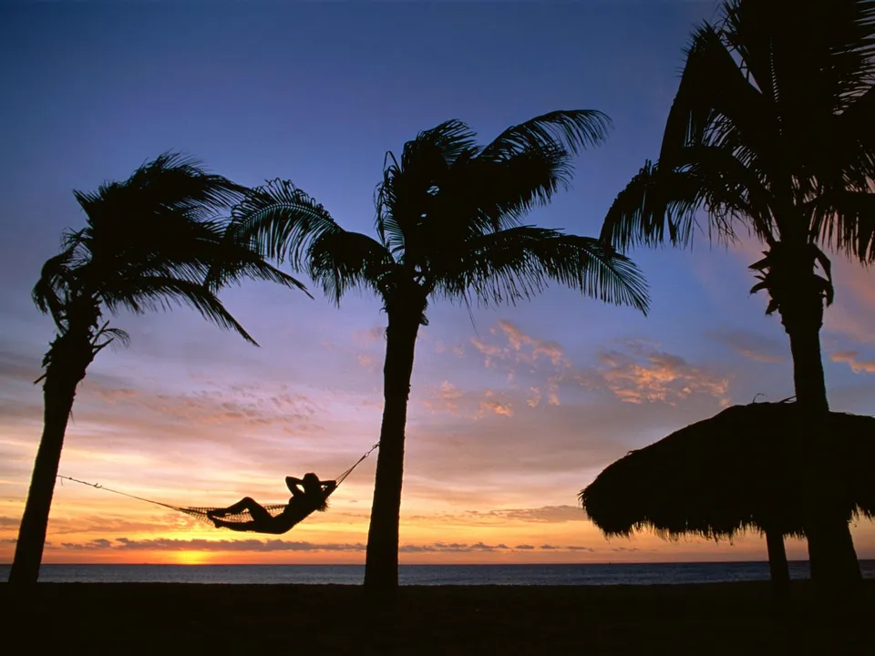 Person relaxing in a hammock between palm trees as the sun sets over the ocean.