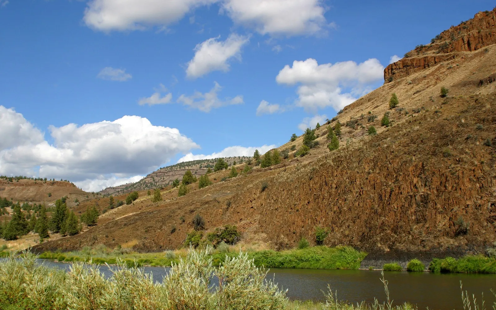 A wide river flows past green vegetation and steep, rocky hills under a blue sky with white clouds.