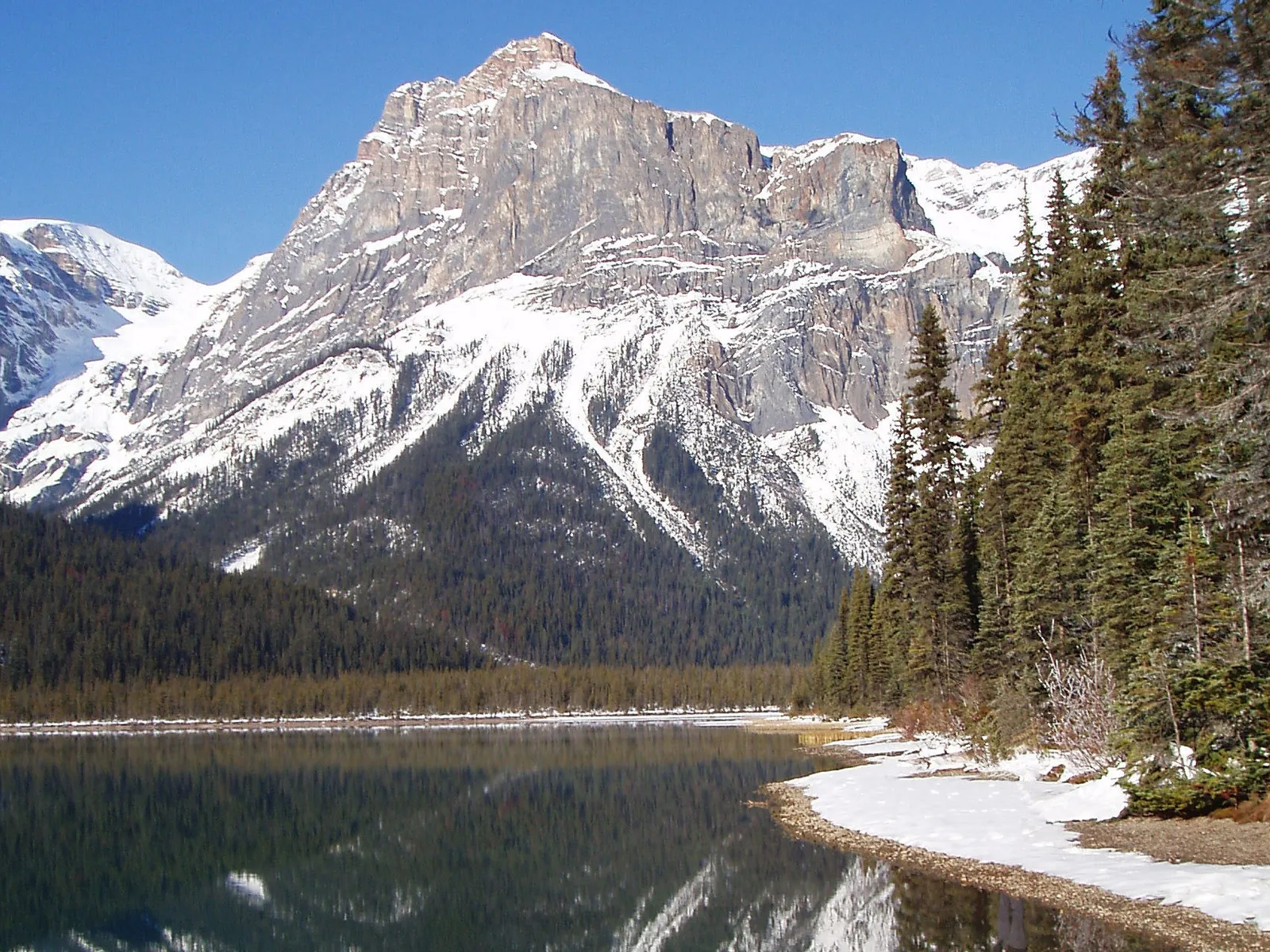 Towering, snow-dusted mountains are reflected in a serene lake with an evergreen forest.