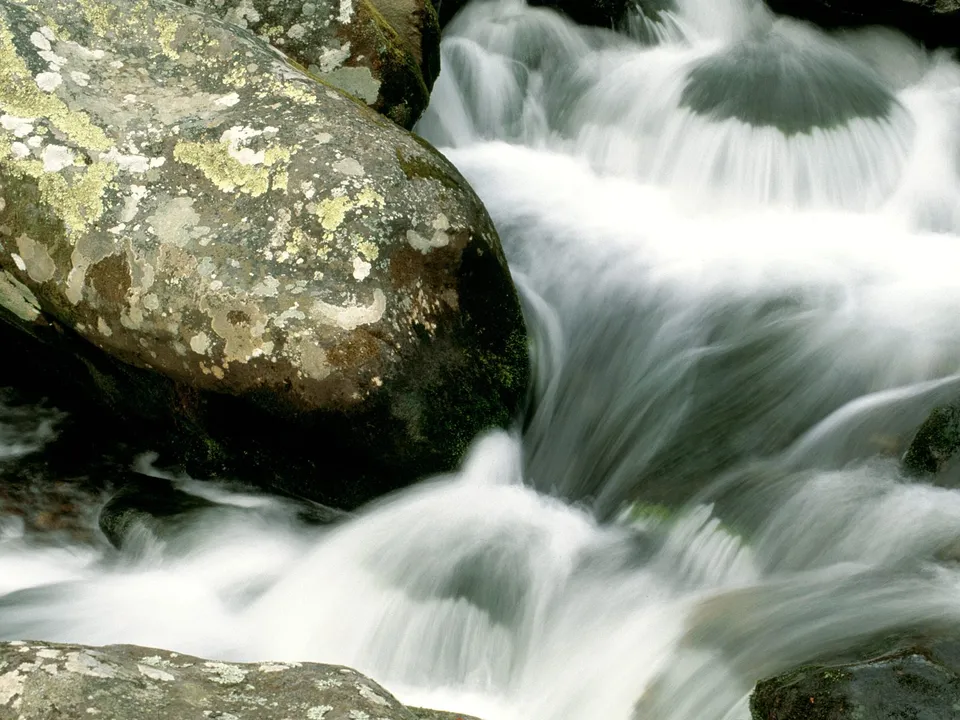 A close-up view of a rocky stream with water flowing over moss-covered boulders.