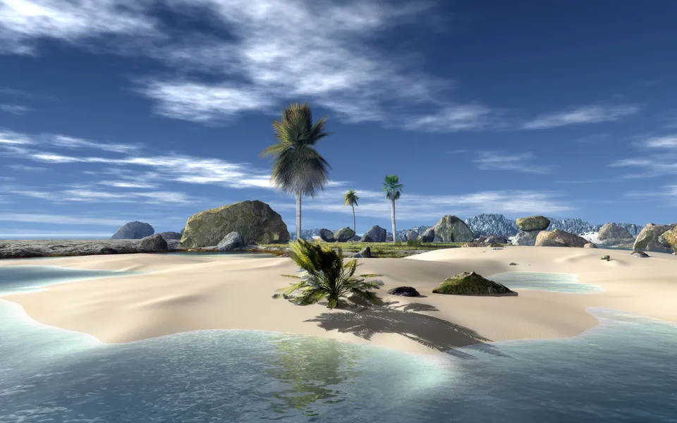 A serene tropical island with palm trees, scattered rocks, and distant mountains under a blue sky.