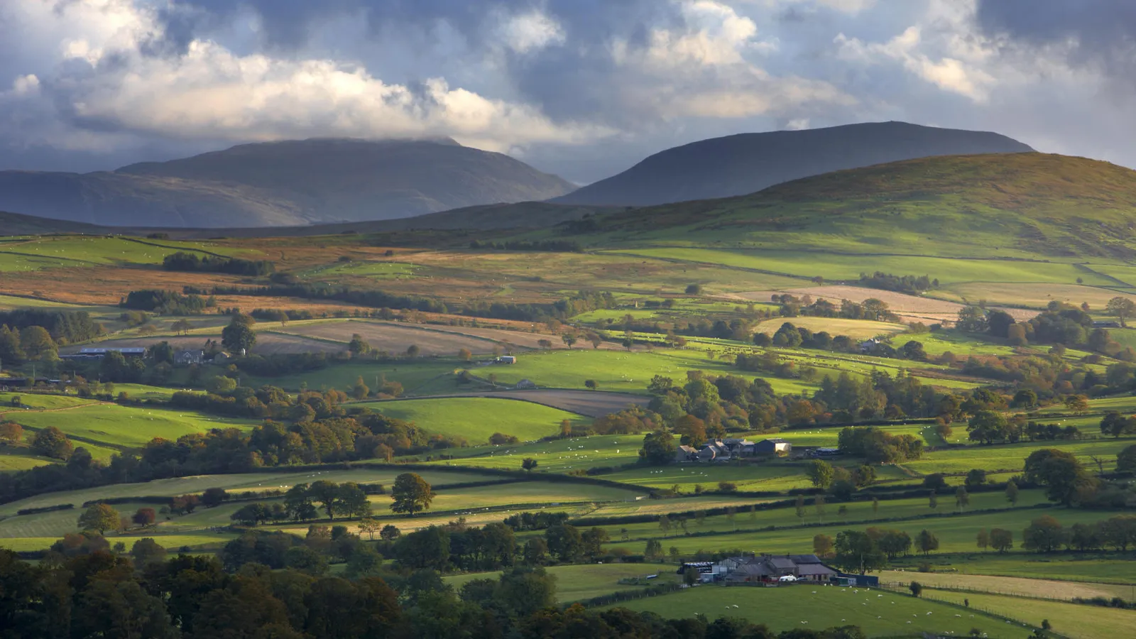 A wide view of green rolling hills and fields, dotted with trees and farmhouses, under a dramatic sky.
