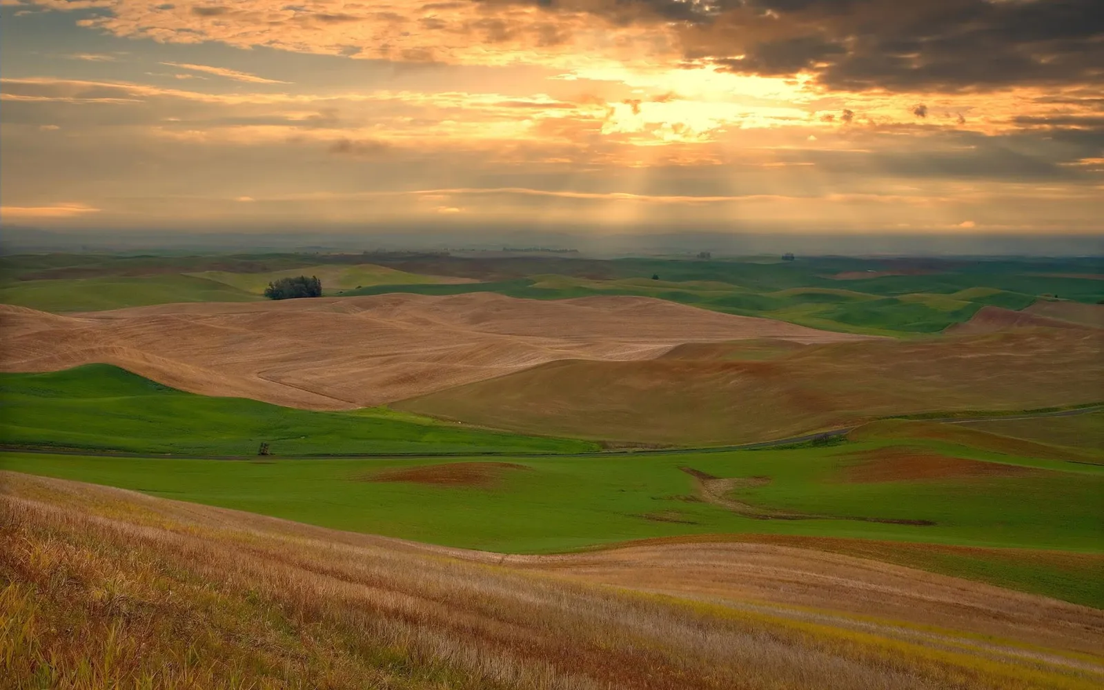 Sunbeams stream through clouds over rolling green and brown agricultural fields at sunrise.