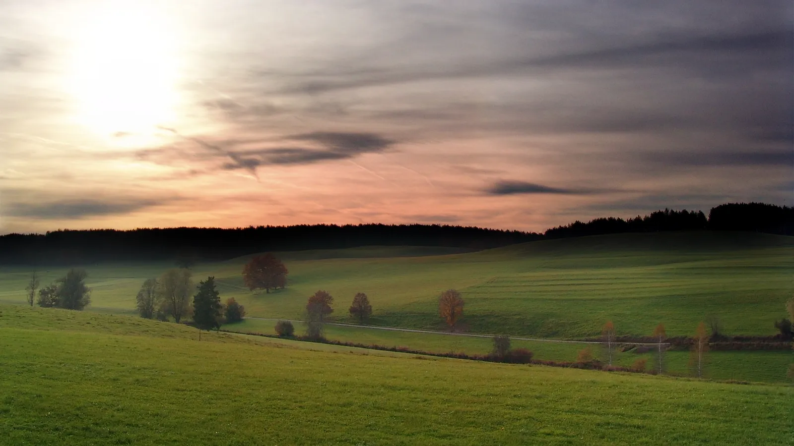 A wide shot of rolling green hills under a dramatic sky at sunset, with trees scattered across the landscape.