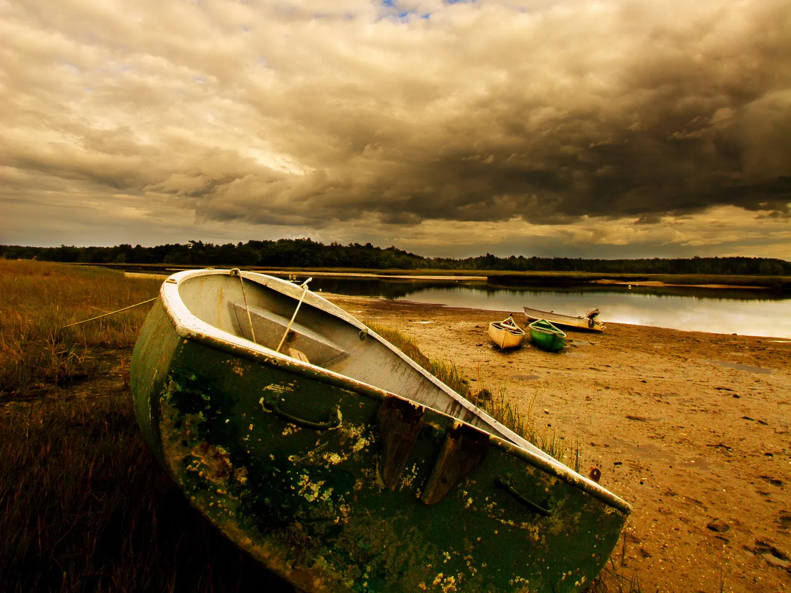 Three rowboats are pulled up onto a sandy shore next to a calm body of water under a cloudy sky.