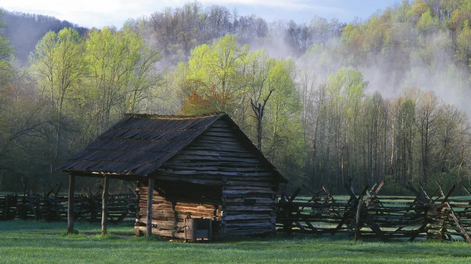 An old wooden cabin sits in a grassy field with a misty forest in the background.