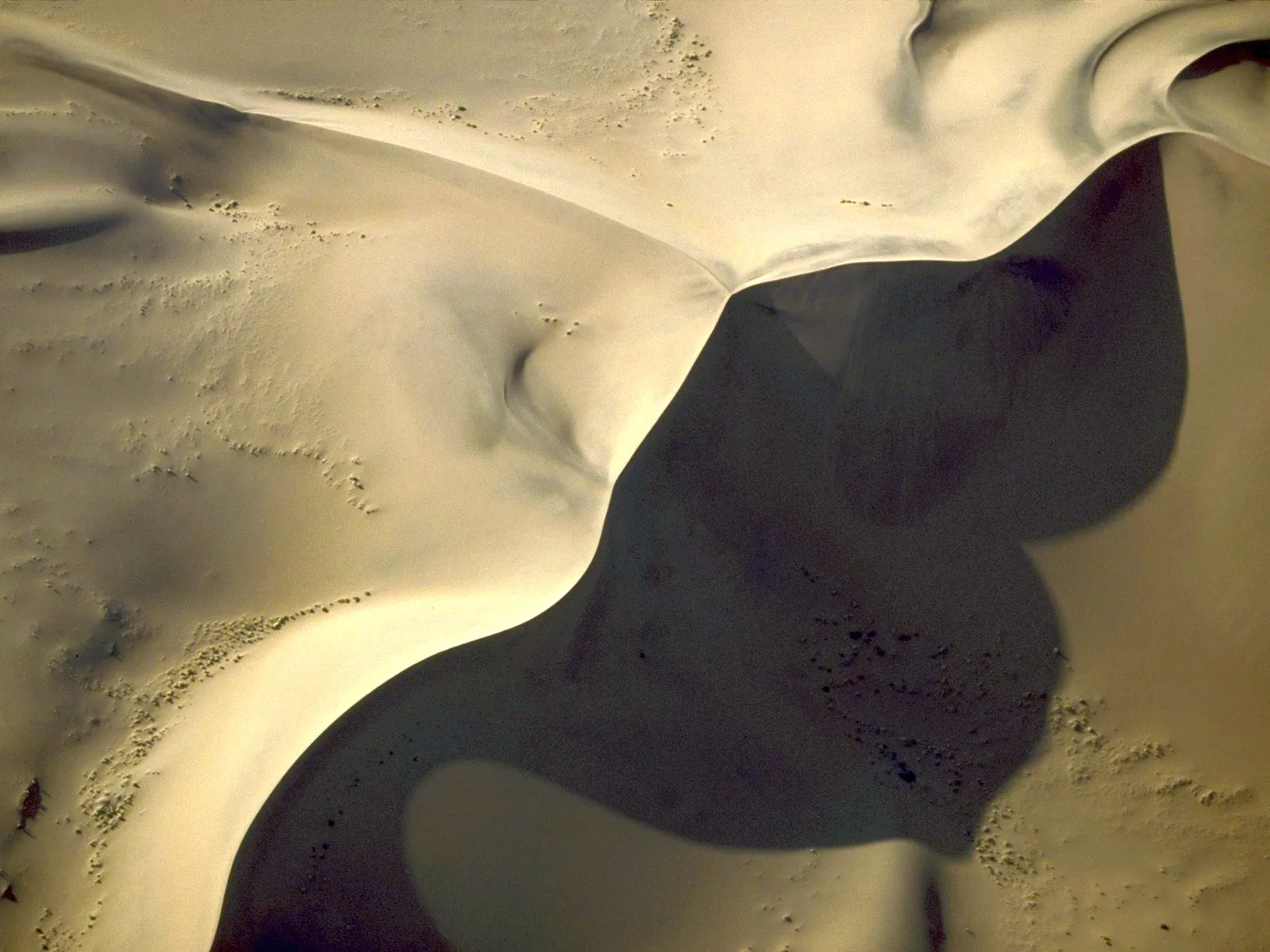 An aerial view of sand dunes with dramatic shadows cast by the sun.