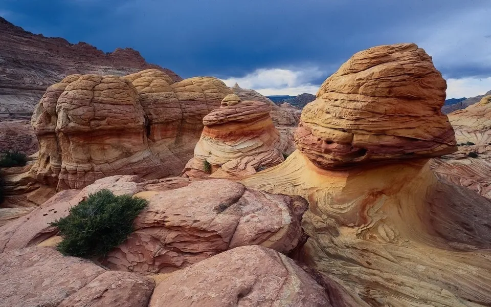 Unique sandstone rock formations with swirling patterns under a dark, cloudy sky.