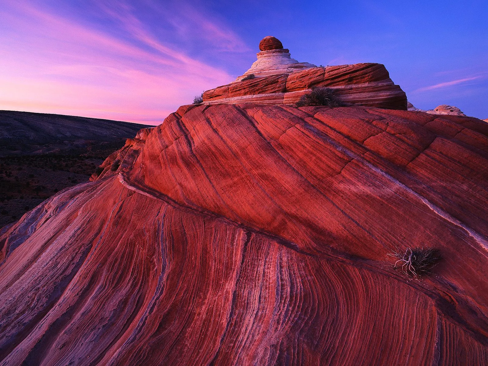 Red and white sandstone formations glow under a vibrant pink and blue twilight sky.
