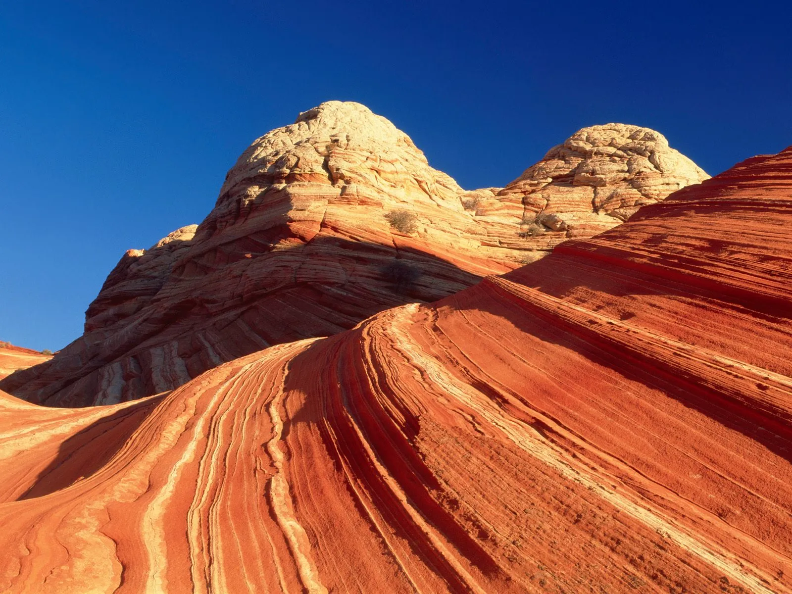 Curving red and white sandstone formations under a deep blue sky.