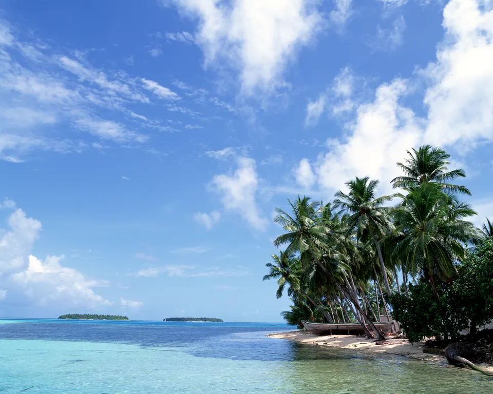 Lush palm trees lean over a sandy shore with a weathered boat, next to clear turquoise water.