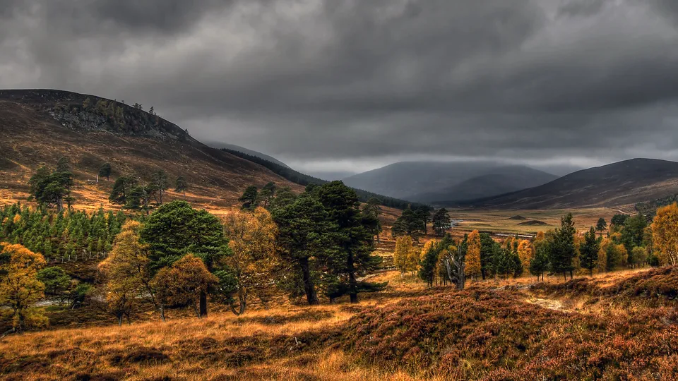 A wide view of a Scottish Highland valley with rolling hills, trees in autumn colors, and a dramatic, cloudy sky.