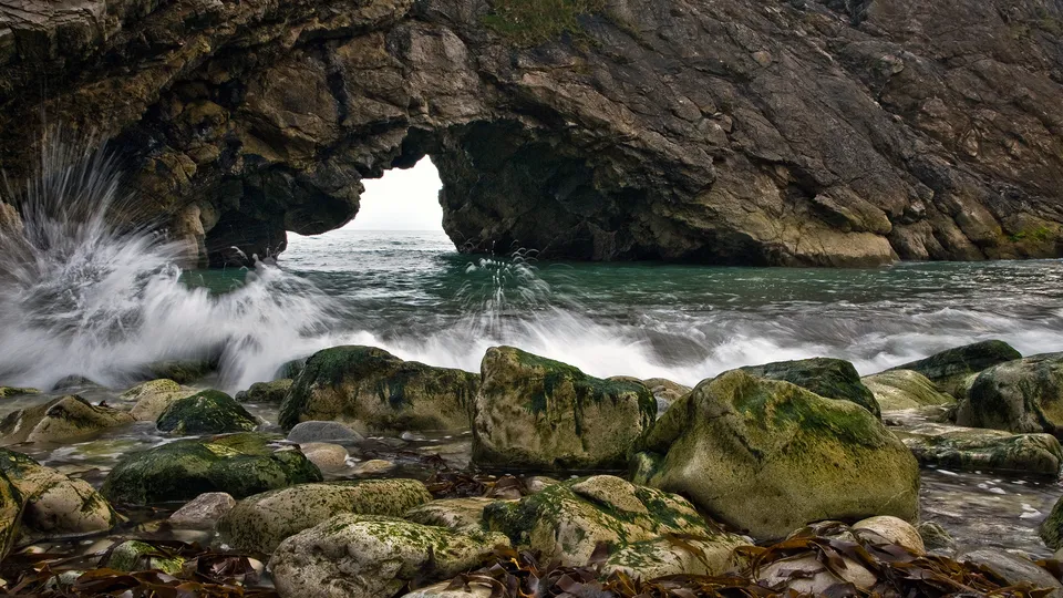 Waves crash through a natural rock archway on a rocky coastline, with seaweed and mossy rocks in the foreground.