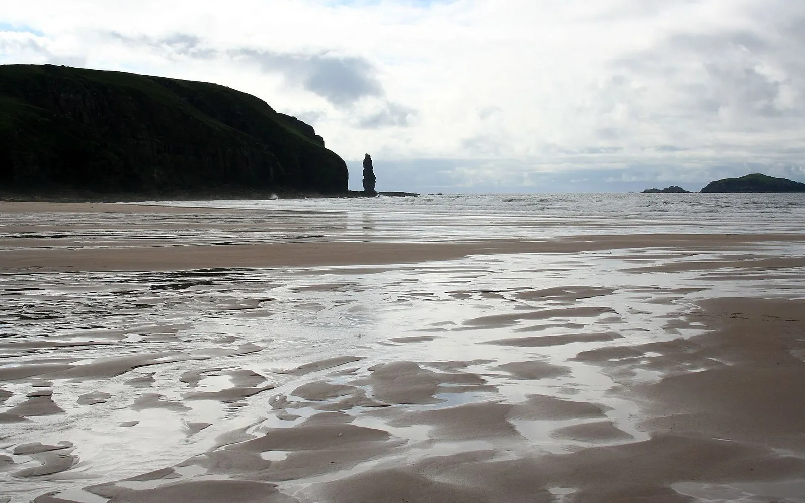 A tall, slender sea stack stands in the ocean near a dark, grassy cliff on a wide, wet sandy beach.