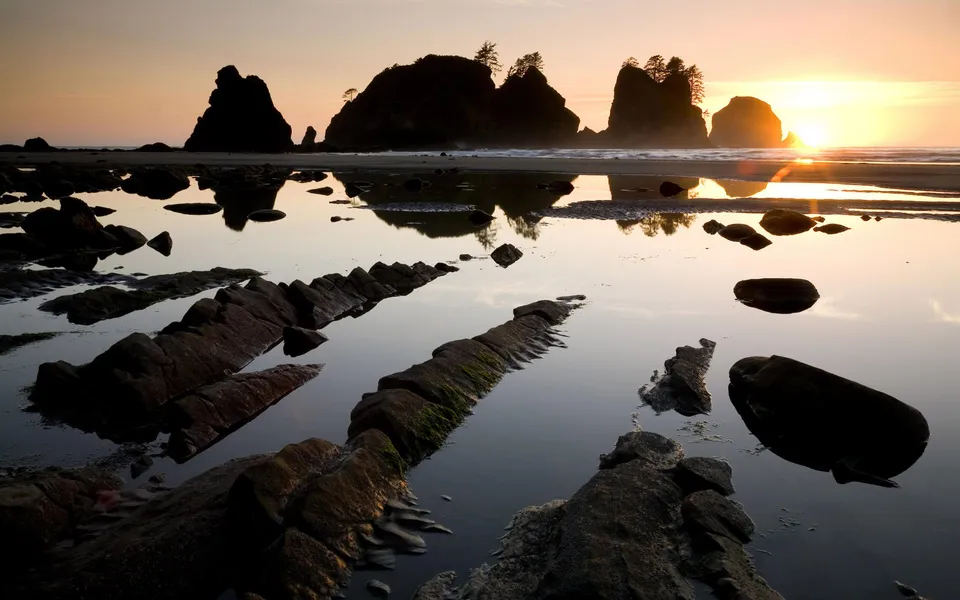 Silhouetted sea stacks and rocks are reflected in calm tide pools during a golden sunset.