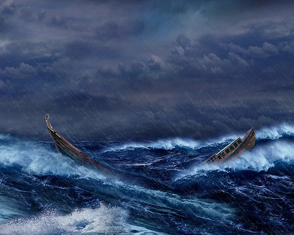 A wooden ship is breaking apart in rough, stormy seas with heavy rain.