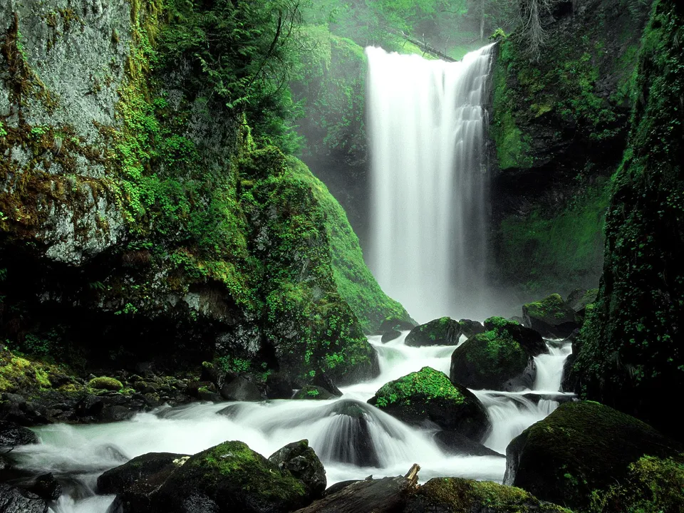 A waterfall cascades down a rocky cliff, with silky water flowing over moss-covered boulders.