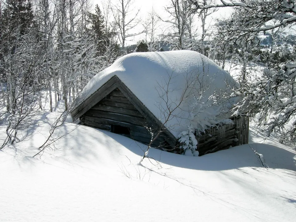 An old wooden cabin is covered in thick snow, nestled amongst snow-laden trees in a winter landscape.