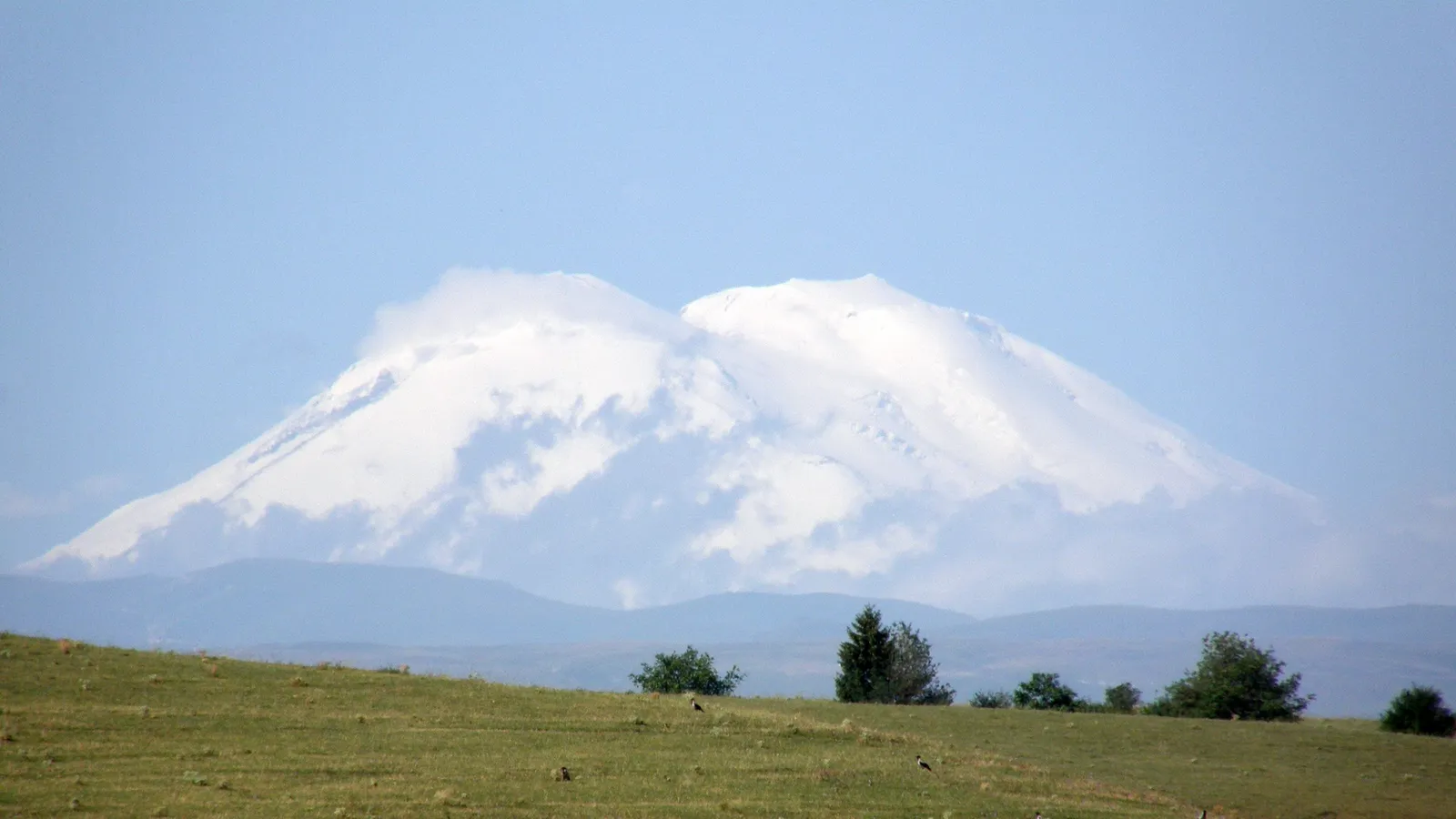 Snow-covered mountain peaks are partially obscured by wispy clouds, with a green meadow in the foreground.