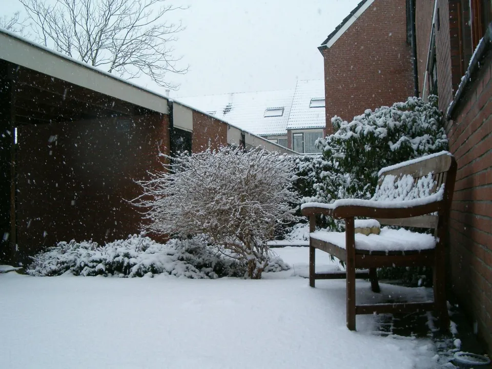 A wooden garden bench sits covered in snow, with snow falling around it and snow-covered bushes and buildings in the background.
