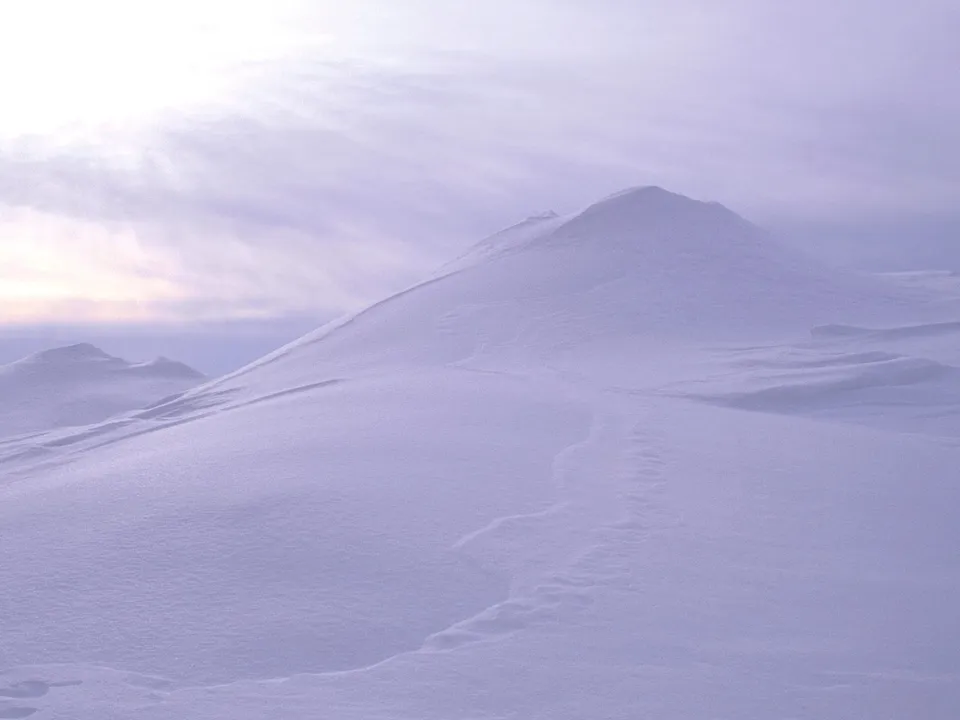 Rolling snow-covered hills under a soft, pastel sky with wispy clouds.