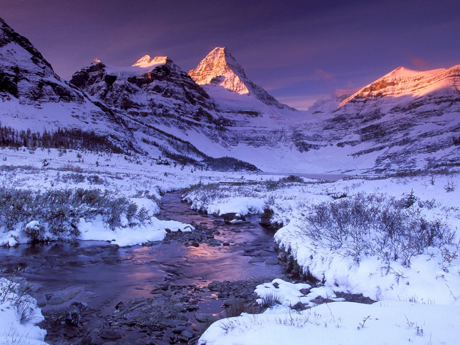 A snow-covered mountain valley with a stream flowing through it, illuminated by sunrise.