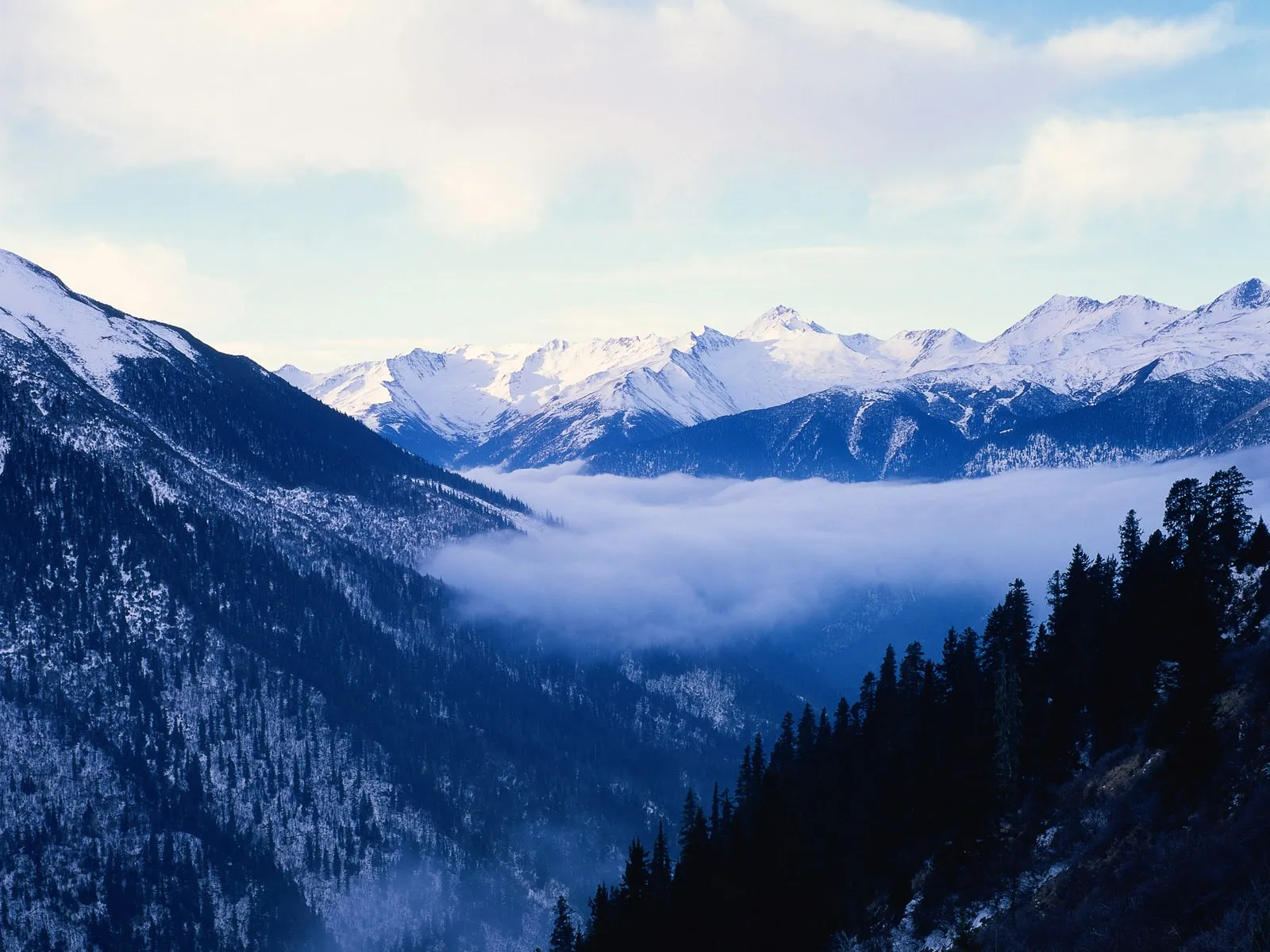 A vast mountain range with snow-capped peaks stretches across the horizon, with a thick layer of mist filling the valley below.