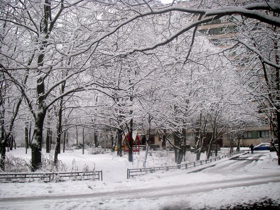 A park covered in snow with trees and a building in the background.