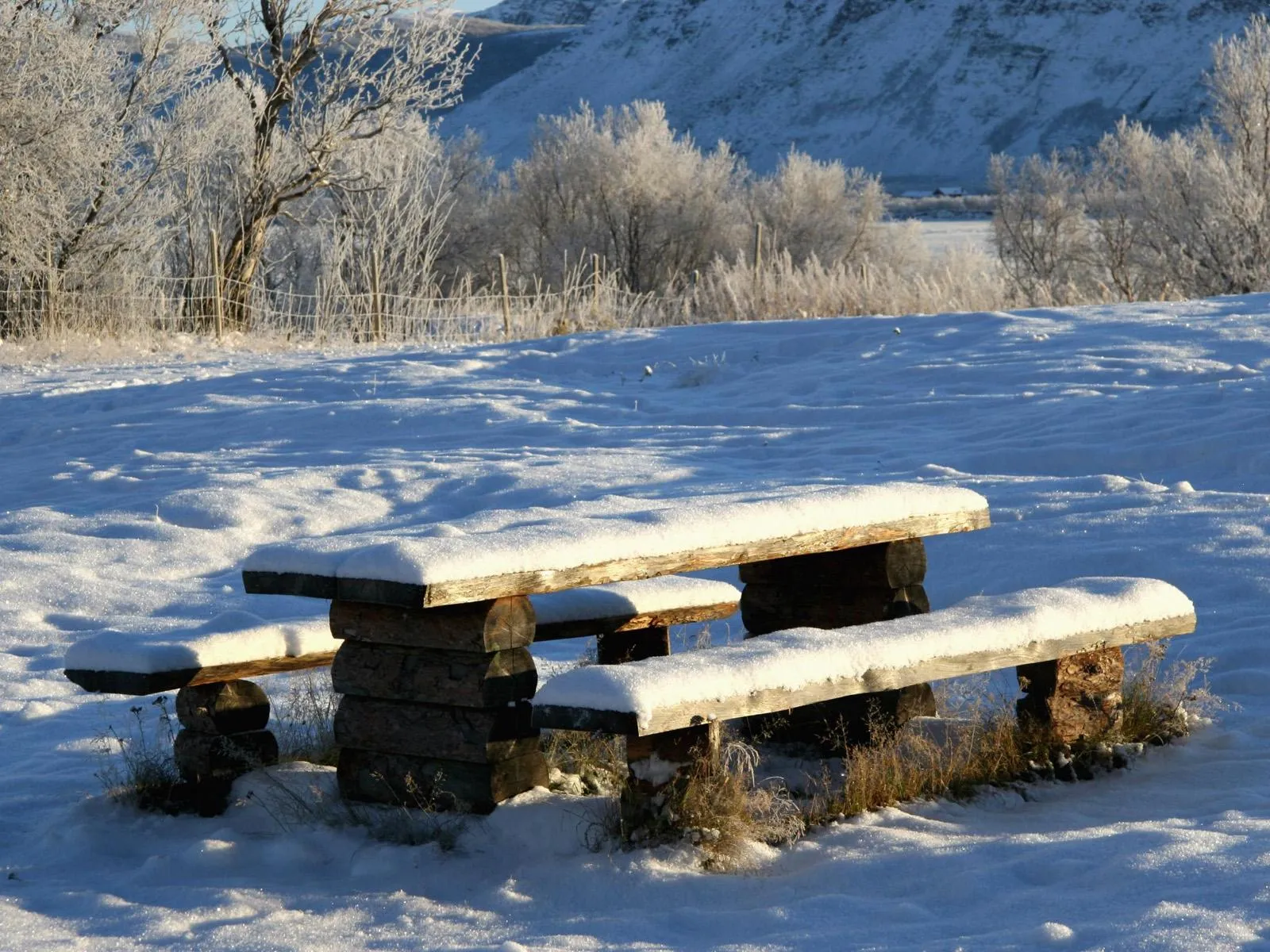 A wooden picnic table covered in snow sits in a snowy field with frosted trees and mountains in the background.