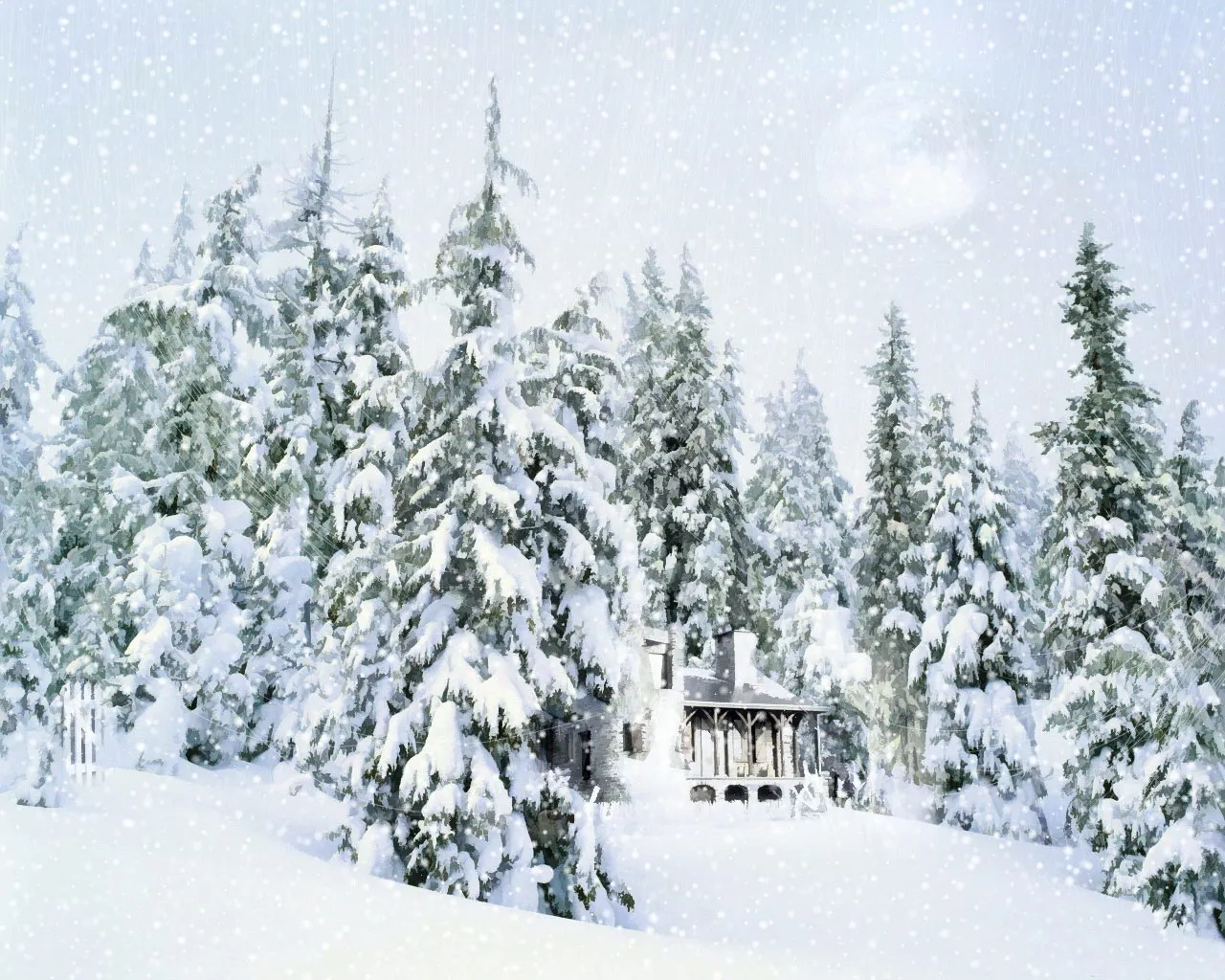 A quaint cabin with a porch is surrounded by snow-covered evergreen trees during a snowfall.
