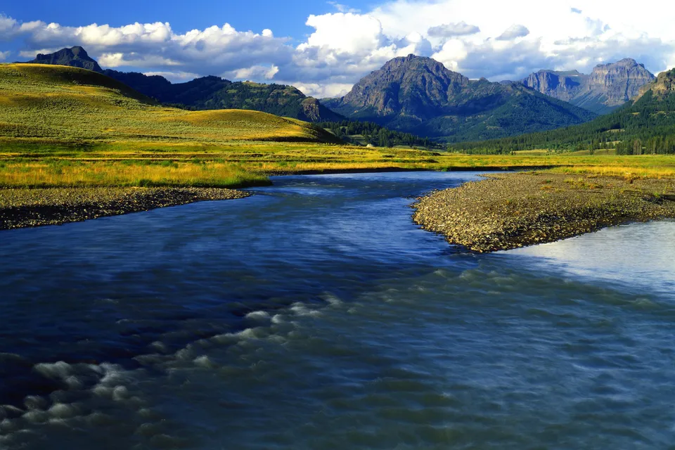 Soda Butte Creek flows through a wide, grassy valley with mountains in the distance.