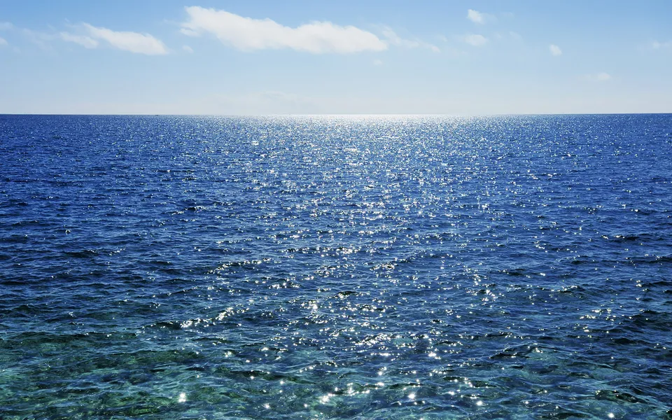 The vast blue ocean stretches to the horizon, with sunlight glinting off the waves under a clear sky with a few clouds.