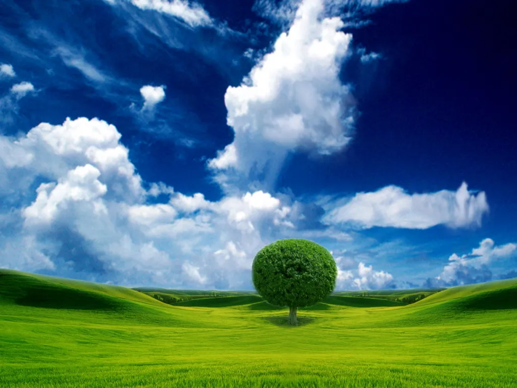 A spherical tree stands in a lush green landscape with rolling hills and a deep blue sky.