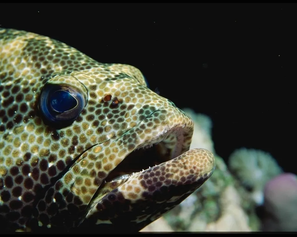 A close-up of a spotted grouper fish with its mouth slightly open, showing sharp teeth against a dark background.