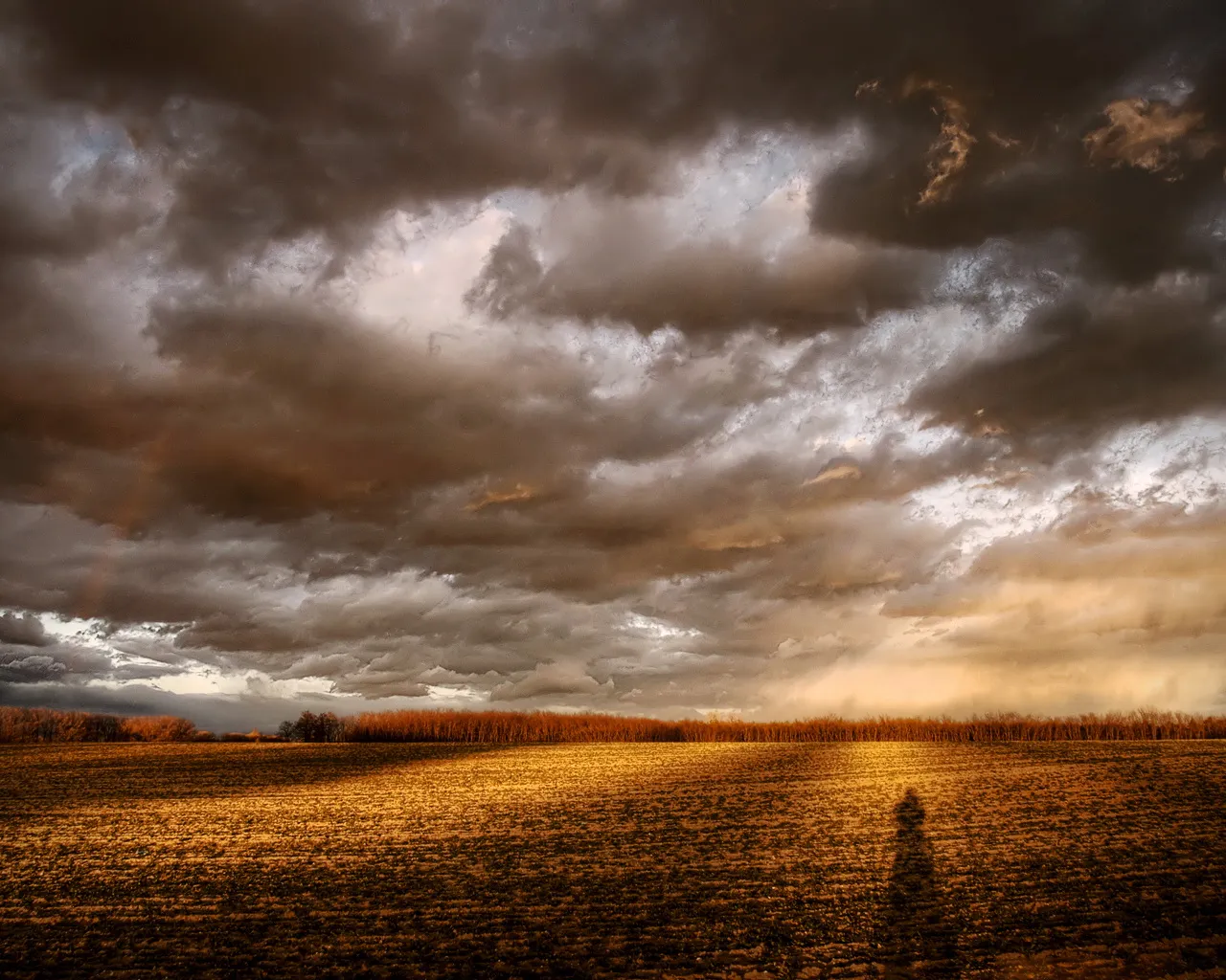 A dramatic sky with dark, heavy clouds and shafts of golden light over a dry, harvested field.