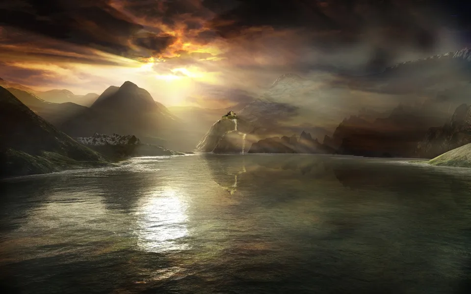 Sunbeams pierce through dark, stormy clouds over a mountain range and a calm lake.
