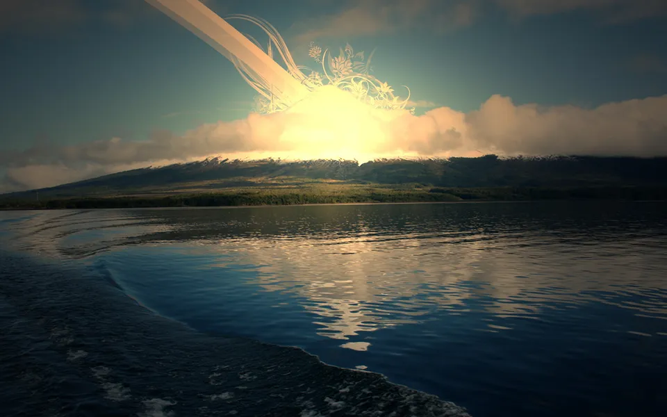 A bright sunburst with abstract floral designs emerges from behind clouds over a calm lake and distant mountains.