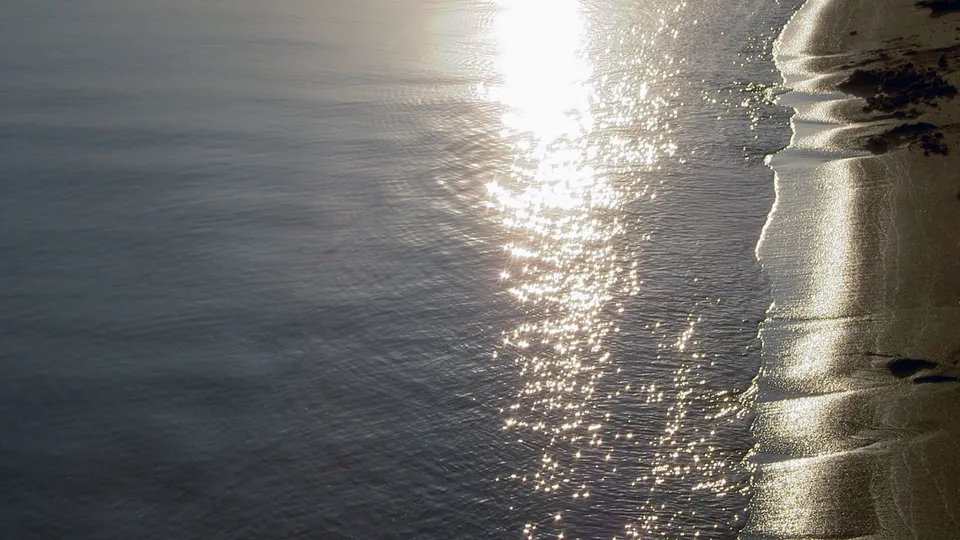 The sun reflects brightly on the rippling surface of the ocean, meeting a sandy shore with gentle waves lapping.