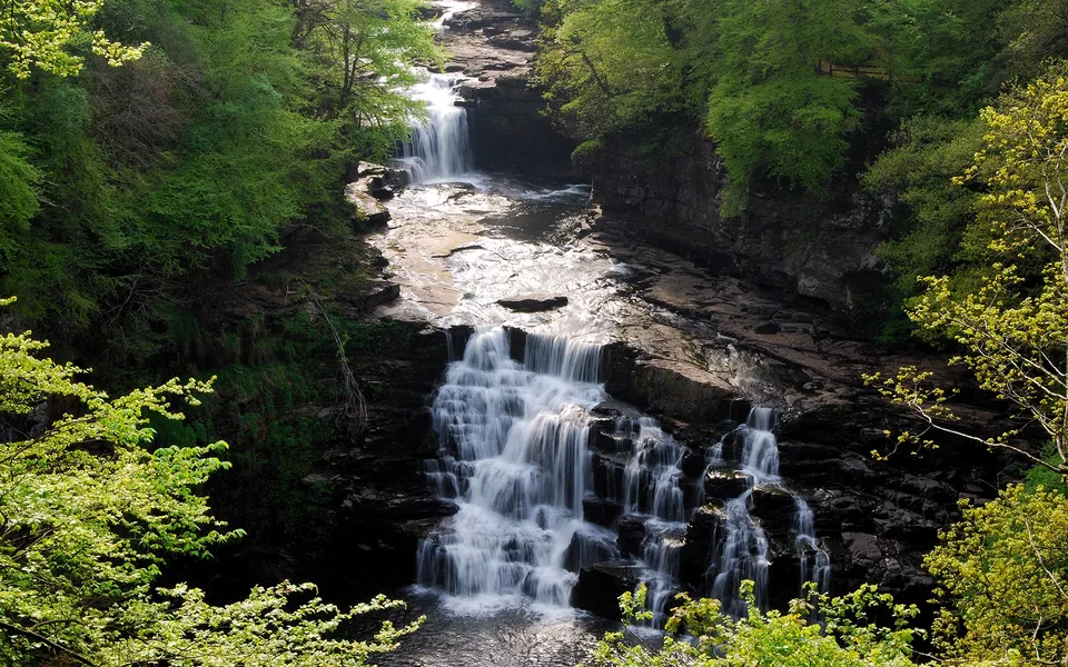 A multi-tiered waterfall flows down a rocky ravine surrounded by lush green trees.