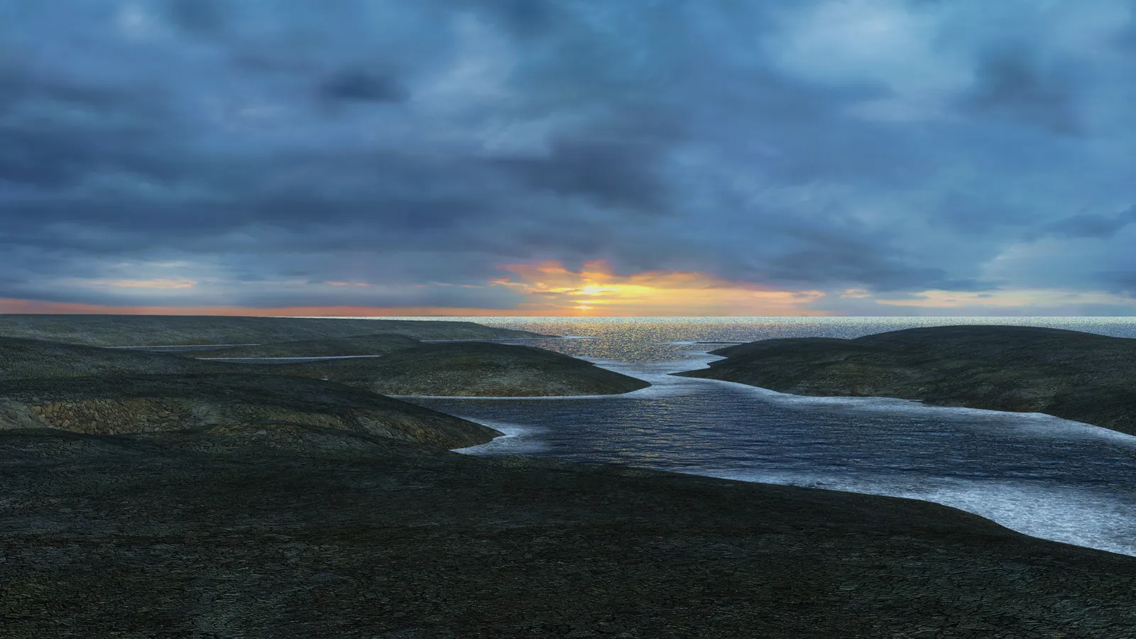 A dramatic sunrise breaks through dark clouds over a rugged coastal landscape with inlets of water.
