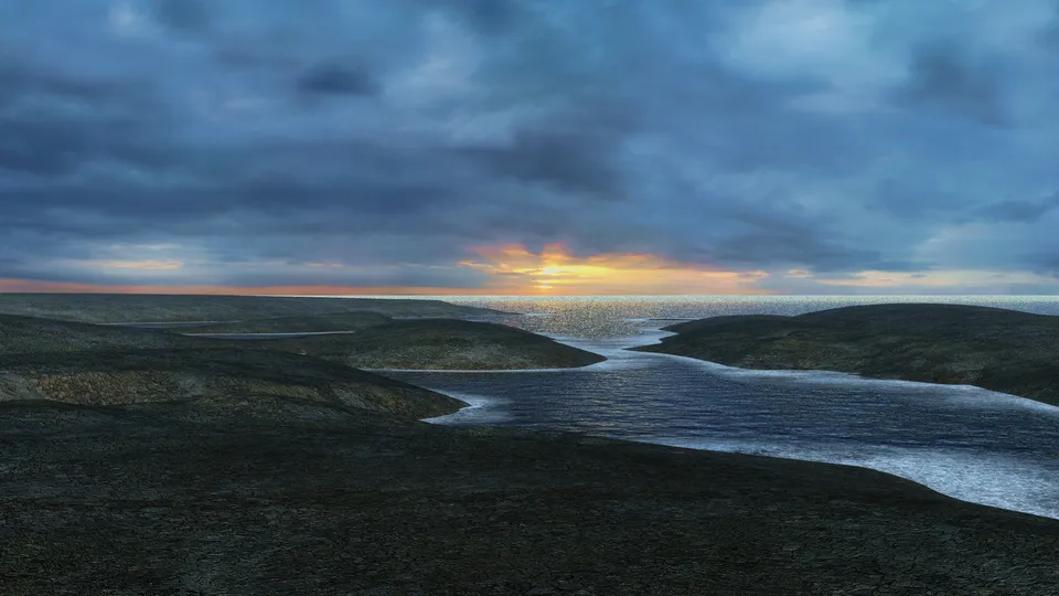A dramatic sunrise breaks through dark clouds over a rugged coastal landscape with inlets of water.
