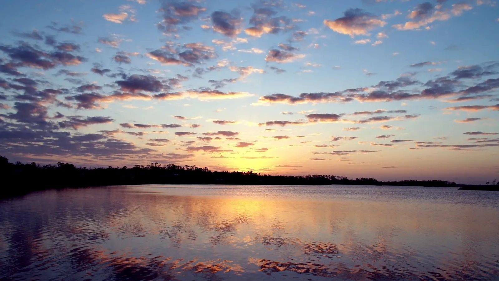 A sunset with scattered clouds tinged with pink and orange hues, reflected in calm water with a silhouetted treeline.