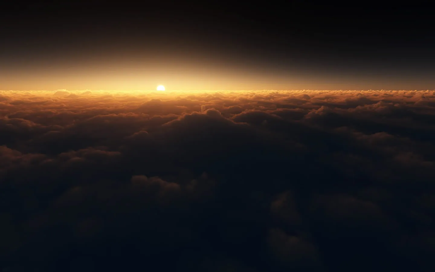 The sun is setting just above a vast expanse of clouds, casting a warm golden glow.