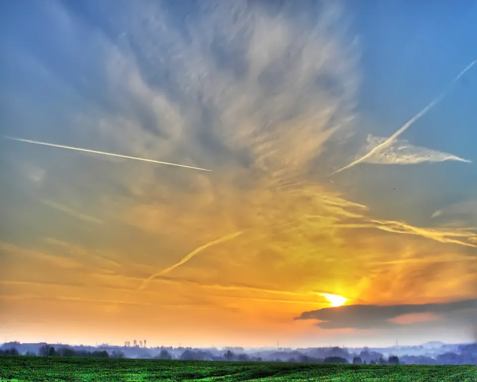 The sun sets over a green field, casting a warm orange glow on the sky with contrails from airplanes.
