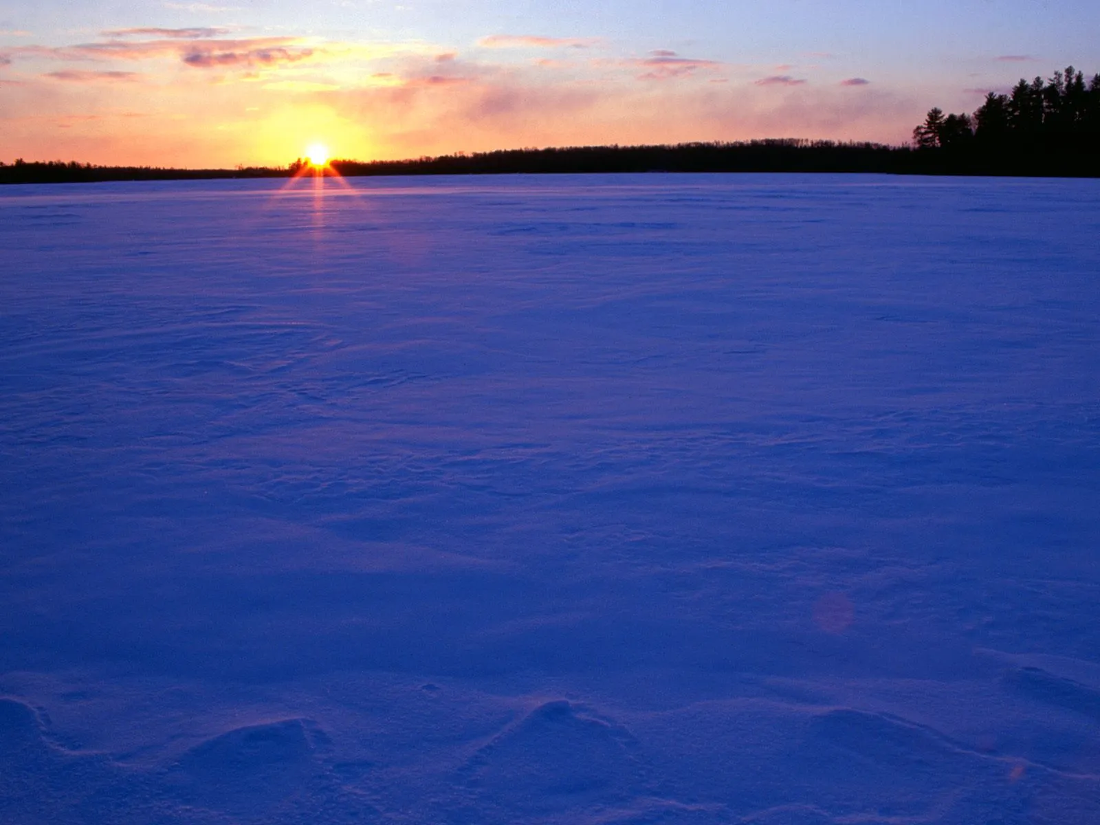 The sun sets over a vast, snow-covered field with a dark treeline in the distance.