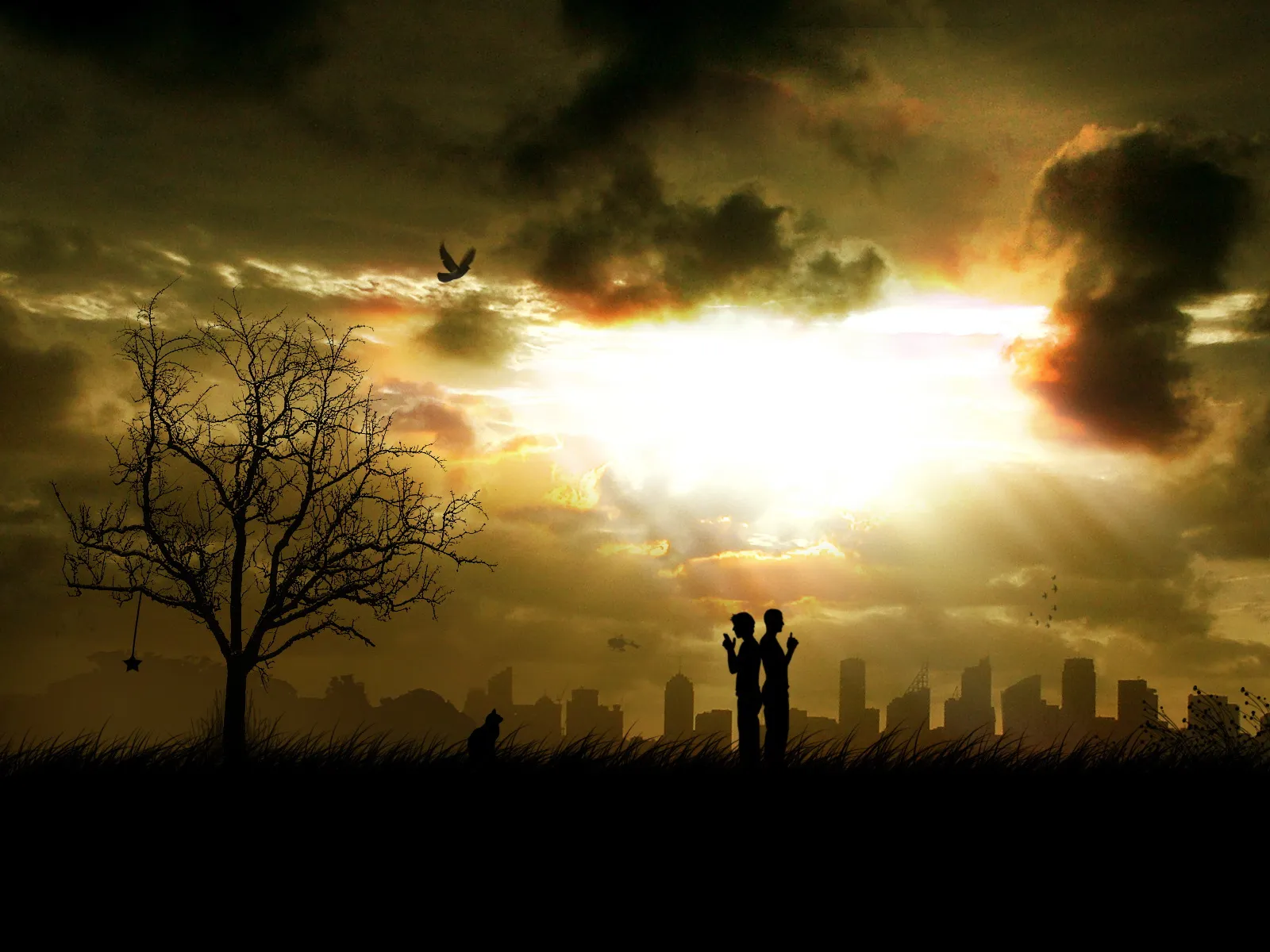 Silhouettes of two people and a tree against a dramatic sunset sky with city skyline in the background.