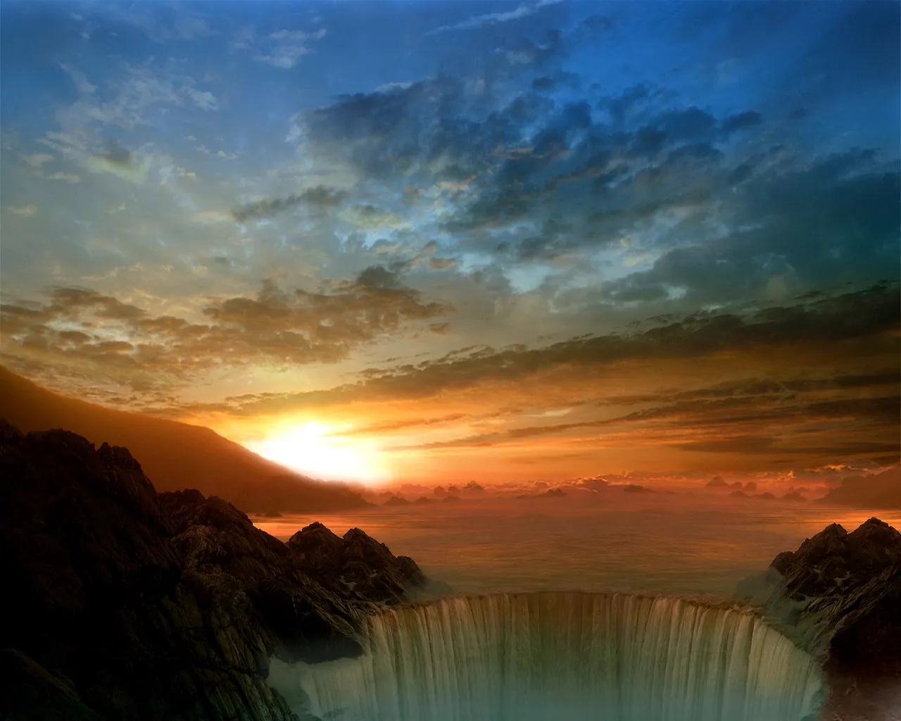 A dramatic sunset illuminates a vast waterfall cascading into an abyss, with mountains and clouds in the background.