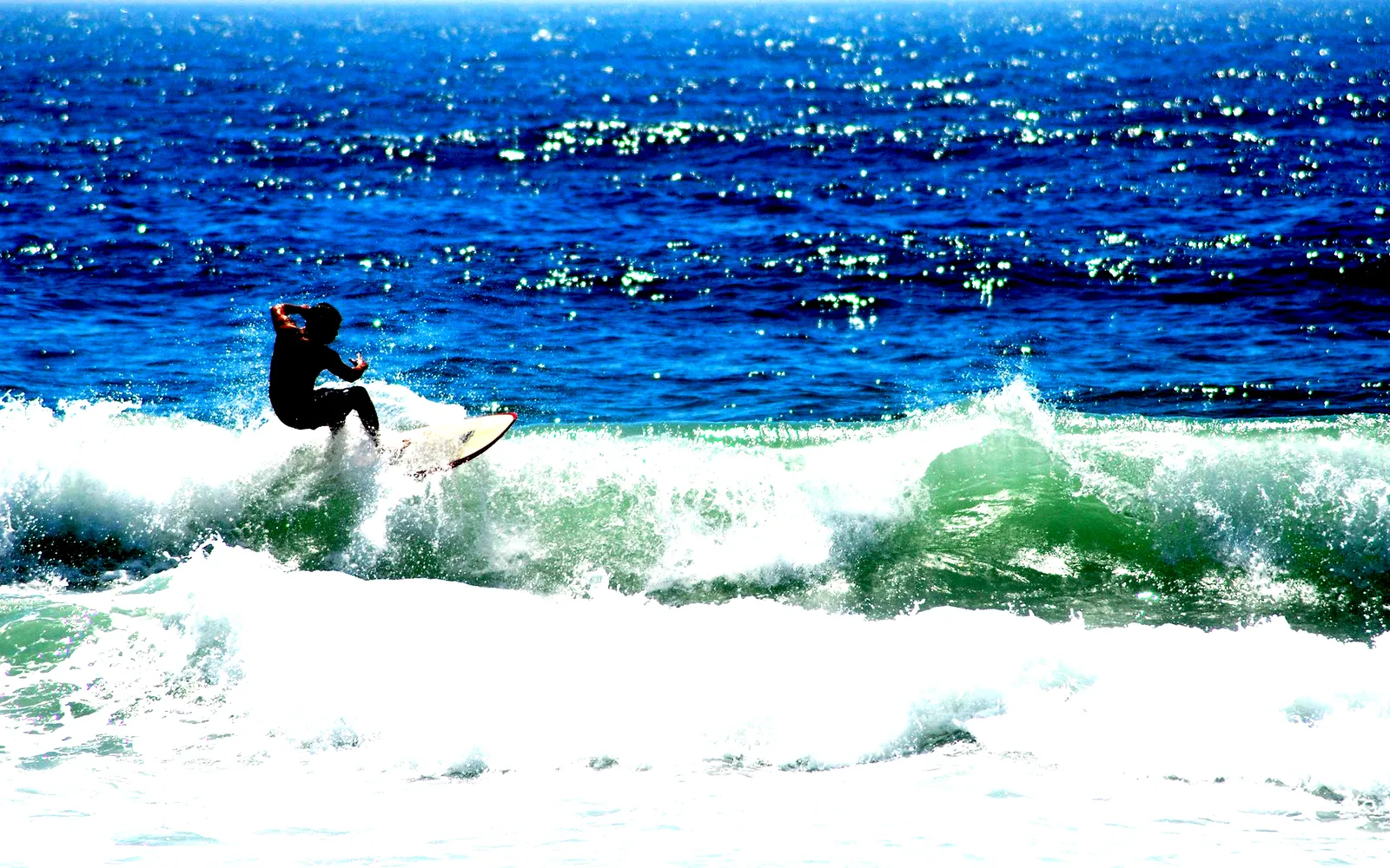 A surfer in silhouette rides a breaking wave with the deep blue ocean in the background.