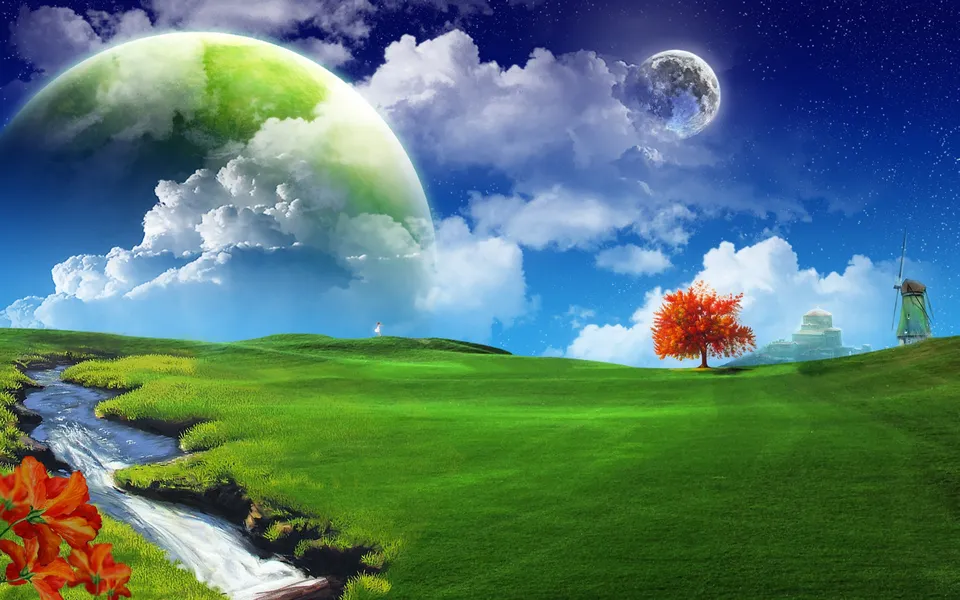 A vibrant fantasy landscape with a giant green planet, a moon, a stream, and a lone tree.
